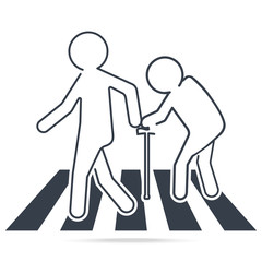 Pedestrian crossing icon. Man help elderly crossing road icon.