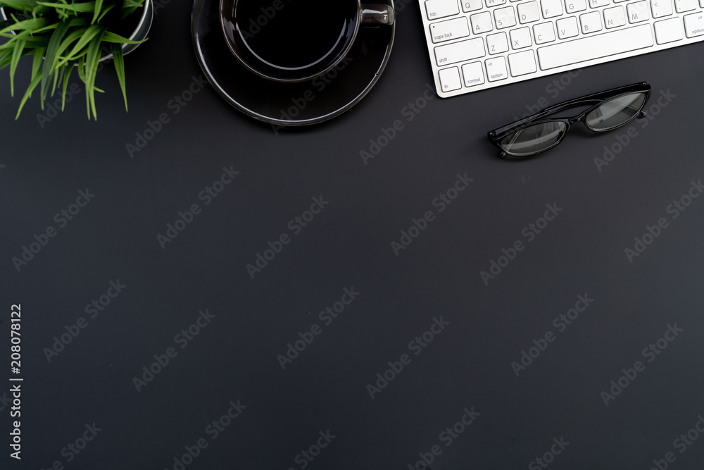 Fototapete flat lay of top view modern black desk work table with computer laptop and stationary in home office