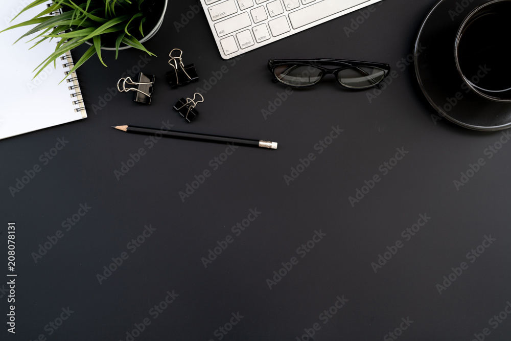 Fototapete flat lay of top view modern black desk work table with computer laptop and stationary in home office