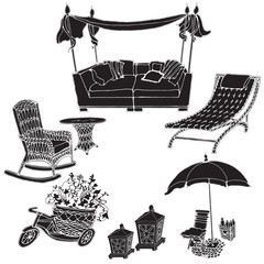 Silhouette black on a white background  furniture for a garden, picnic, street, sofa cozy, umbrella, armchair, exterior courtyard