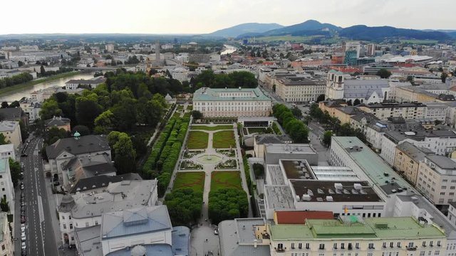 Aerial view of cityscape of old historic city of Salzburg, famous Mirabell Gardens and Palace in summer - landscape of Austria from above, Europe