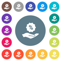 Discount services flat white icons on round color backgrounds