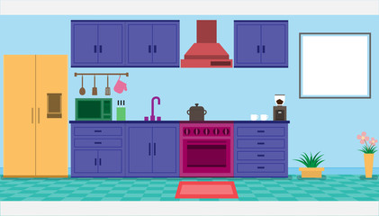 interior kitchen room with bar counter and kitchenware in room.vector and illustration.