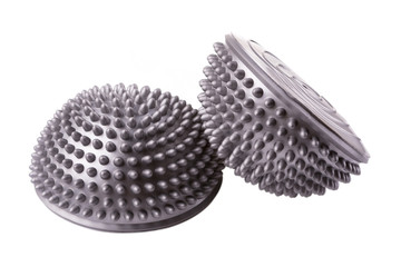 fitness trainer and for foot massage, couple, on white background isolated