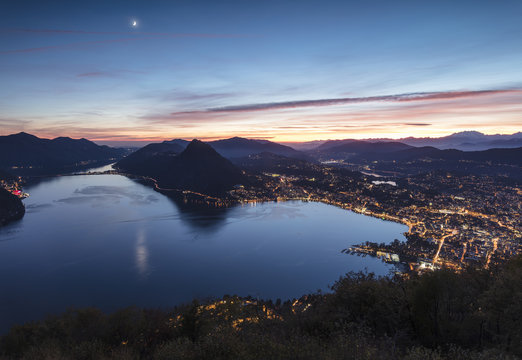 Lake Lugano at sunset seen from Monte Bre, Canton of Ticino