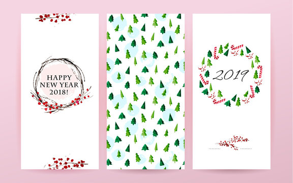 Vector set of watercolor hand drawn cards for Merry Christmas celebration congratulation cards, patterns, party invitation and packaging design. Artistic decor elements isolated on white background.