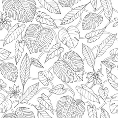 Vector tropical seamless pattern with lianas, monstera and banana leaves on the white background. Exotic foliage. Jungle coloring book design in sketch style. - obrazy, fototapety, plakaty