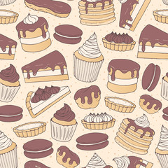 Vector chocolate pastry repeat pattern with cakes, pies, muffins, pancakes, macarons and eclairs on the dotted background. Hand drawn sweet bakery products in sketchy style.