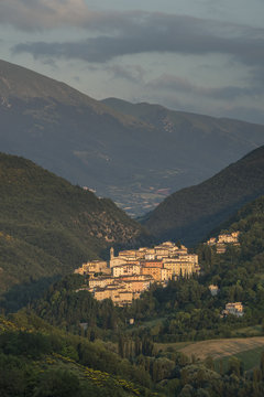 View of the village of Preci at sunset, Valnerina, Umbria