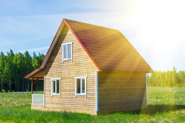 Деревянный дом с крыльцом на лугу, на фоне зелёных деревьев и голубого неба с солнечными лучами © Fotograf