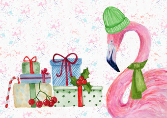 Watercolor flamingo and gift boxes.