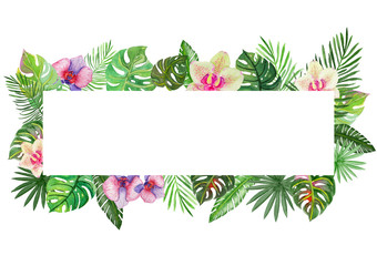 Frame with watercolor tropical plants and flowers.