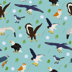 Seamless vector pattern with an eagle, falcon and an owl on a blue background