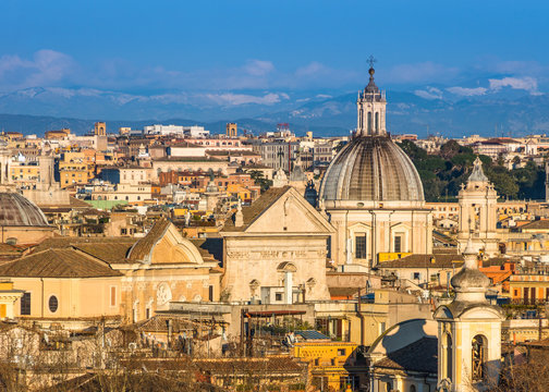 Historic Rome city skyline with domes and spires seen from Janiculum Terrace, Rome, Lazio