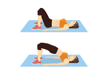 Woman doing exercise with Hip lift for firming her body. Illustration about step of butt exercise.