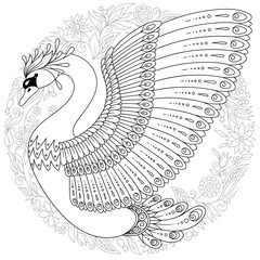 Hand drawn decorated swan.  Image for adult coloring books, pages