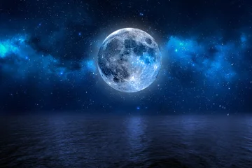 Selbstklebende Fototapete Vollmond und Bäume Mond Himmel Blau