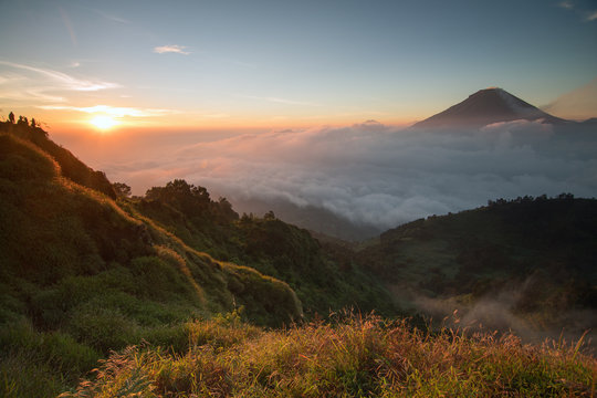 Golden sunrise at Sikunir, Java, Indonesia