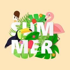 Word SUMMER composition with flowers jungle leaves toucan flamingo and ice cream in trandy paper cut style. Tropical craft design for your poster, banner, flyer. Vector card illustration