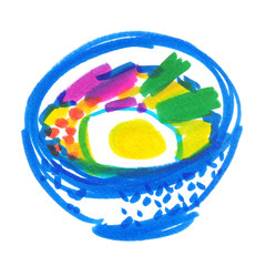 A bowl of traditional Asian soup painted in highlighter felt tip pen on clean white background