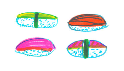 Bright illustration of four traditional style sushi painted in highlighter felt tip pen on clean white background