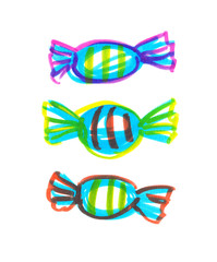 Set of three colorful bonbon sweets in bright striped wrappers painted in highlighter felt tip pen on clean white background - 208092108
