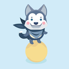 Cute cartoon siberian husky puppy on pastel background.