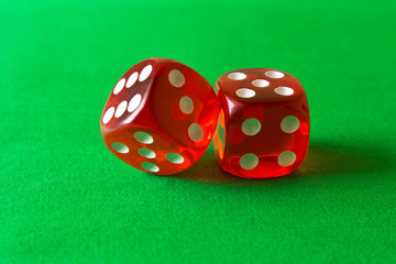 Dice on a green background . Game concept. Games of chance