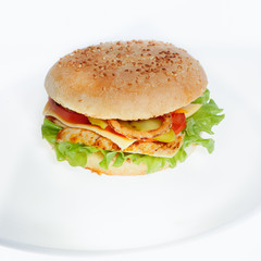 Burger with chicken cutlet, on a white background.