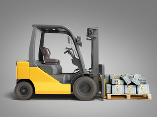 Stack of dollar money bills on wooden pallet with a forklift loader 3d render on a grey background