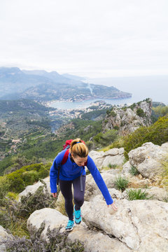 Serra de Tramuntura, hiker on a trail above Soller, Majorca, Balearic Islands, Spain, Mediterranean