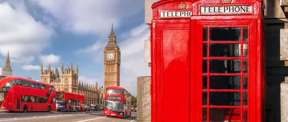 Fototapeten Londoner Symbole mit BIG BEN, DOUBLE DECKER BUS und roten Telefonzellen in England, Großbritannien © Tomas Marek