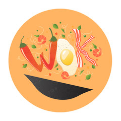 Wok logo for thai or chinese restaurant. Stir fry with edible letters. Cooking process vector illustration. Flipping Asian food in a pan. Cartoon flat style in circle composition