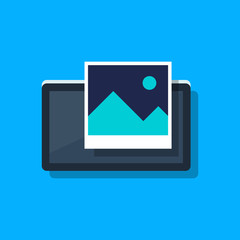 Icon picture or paper photo on tablet or smartphone screen background. Flat cartoon photo symbol isolated image. Vector illustration.