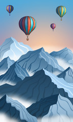 Fototapeta na wymiar Mountain landscape with colorful hot air balloon in realistic 3d style. Blue winter cliffs with fog