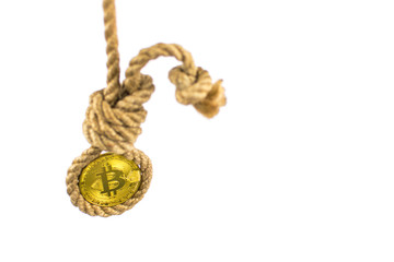 End of bitcoin. Coin bitcoin in the gallows on a white background. Isolated.