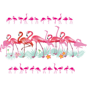 Border with Flamingoes and tropical leaves