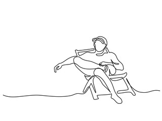 Continuous line drawing. Man relaxing on sun lounger near sea. Vector illustration. Concept for logo, card, banner, poster, flyer