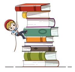 Niño con libros escalando. Concepto de aprender - 208098386