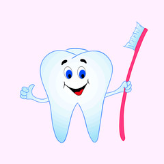 cheerful cartoon tooth holding a toothbrush in hands
