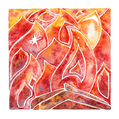 Fire. Flame. Natural element. Watercolor illustration. - 208098502