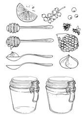 Clip top jar with honey, spoons, honeycomb, bees - obrazy, fototapety, plakaty