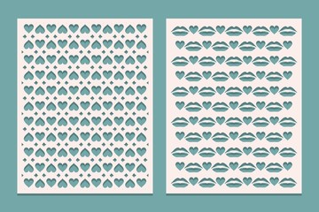 Templates panels for cutting with hearts for Valentines day. May be used for laser cut. Openwork background.