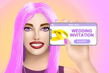 Concept wedding invitation got online. Drawn pretty girl on colored background. Illustration