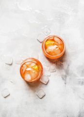 Italian Summer Cocktail With Aperitif Named Aperol Spritz With Bitter, Ice, Sparkling Wine And Orange Slice, Top View