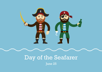 Day of the Seafarer vector. Seafarer cartoon character. Pirate on a blue background. Important day