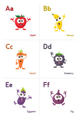 Illustration of fruit and vegetables alphabetical cards with funny mascots order from a to f, isolated on light background. Learning alphabets can be fun now.