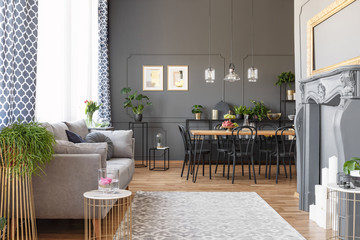 Grey sofa and posters on the wall in modern open space interior with chairs at dining table. Real...