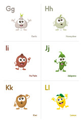 Illustration of fruit and vegetables alphabetical cards with funny mascots order order from g to l, isolated on light background. Learning alphabets can be fun now.