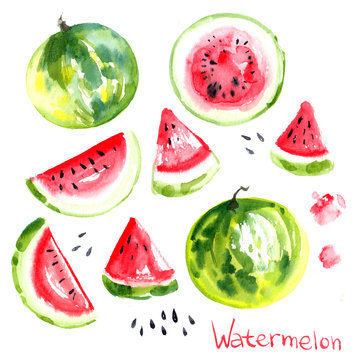 Set watermelons painted with watercolors on white background